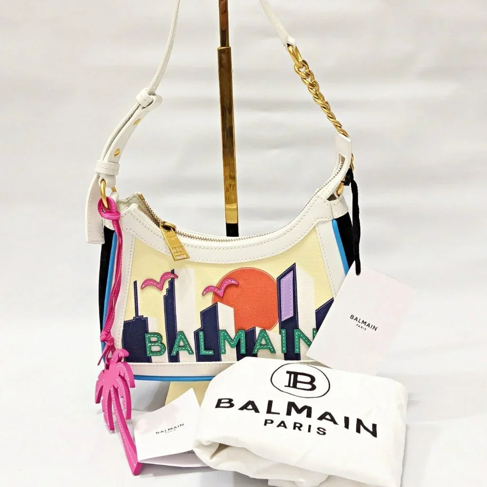 Balmain B-Army Postcard Canvas & Leather Shoulder Hobo Bag (MSRP $1,850)
